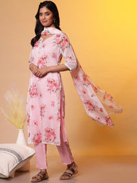 AURELIA Floral Printed Regular Thread Work Straight Kurta with Trousers & Dupatta