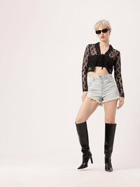 DressBerry Korean Street Sheer Chic Shirt Style Lace Crop Top