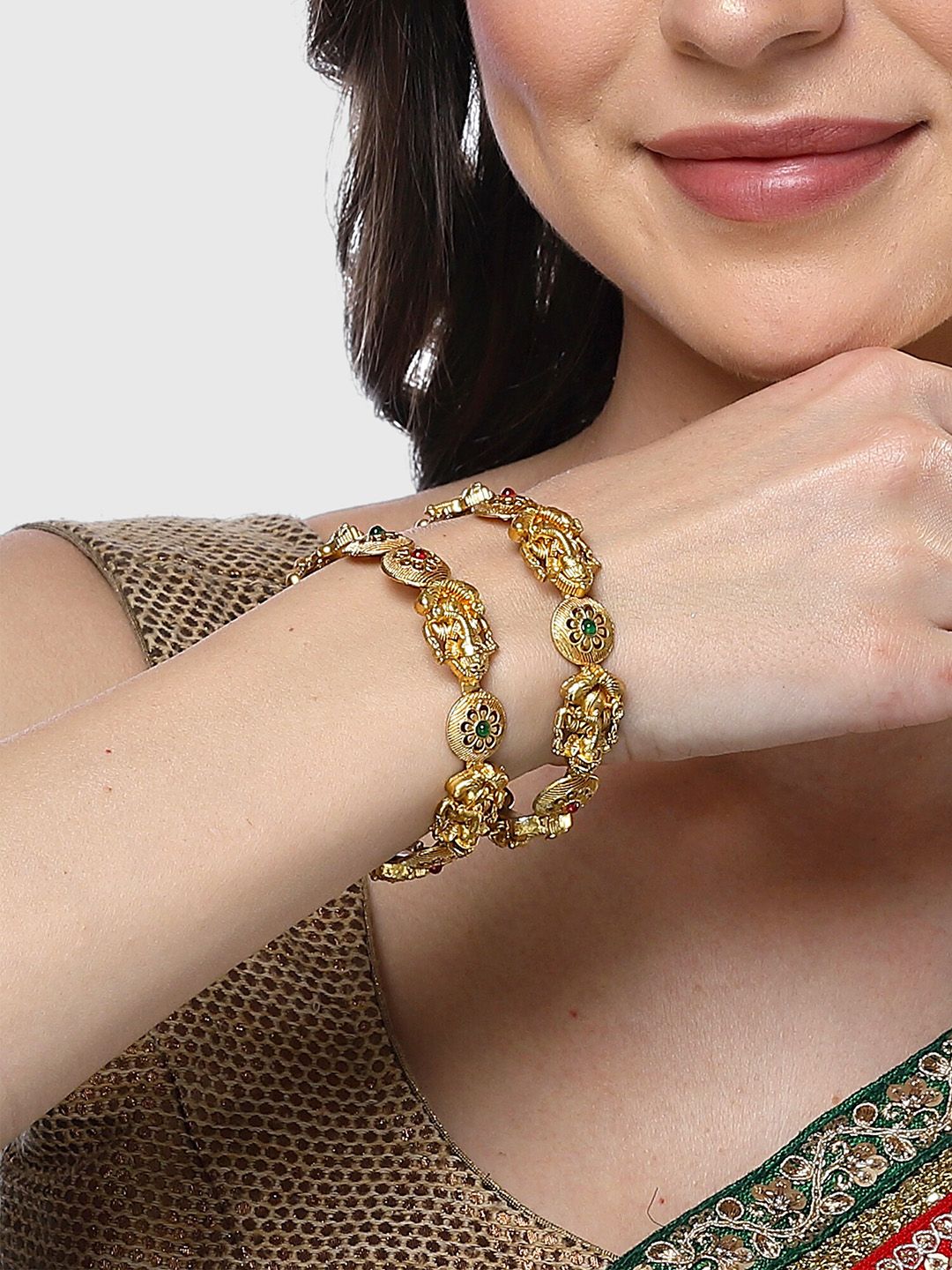 KARATCART Set Of 2 Gold-Plated Stone Studded Lord Ganesha Temple Bangles