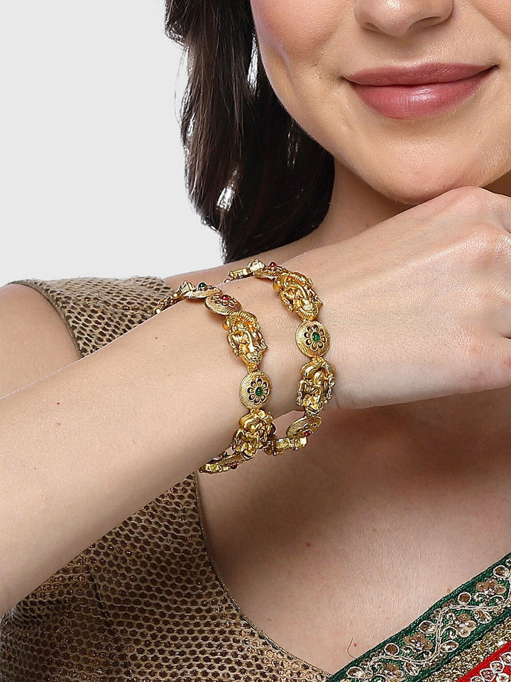KARATCART Set Of 2 Gold-Plated Stone Studded Lord Ganesha Temple Bangles