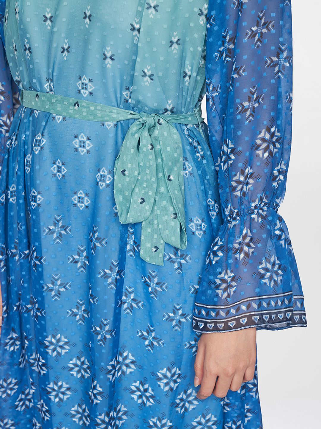 Global Desi Blue & Green Ethnic Motifs A-Line Maxi Dress With Waist- Tie Up