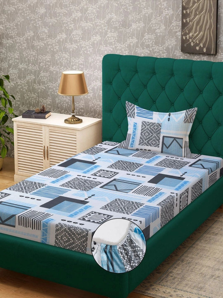 Myntra Elegant Homes Blue Geometric 400 TC Single Bedsheet with 1 Pillow Covers