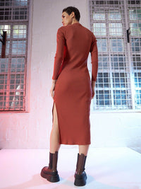 SASSAFRAS Rust Square Neck Long Sleeve Sheath Midi Dress