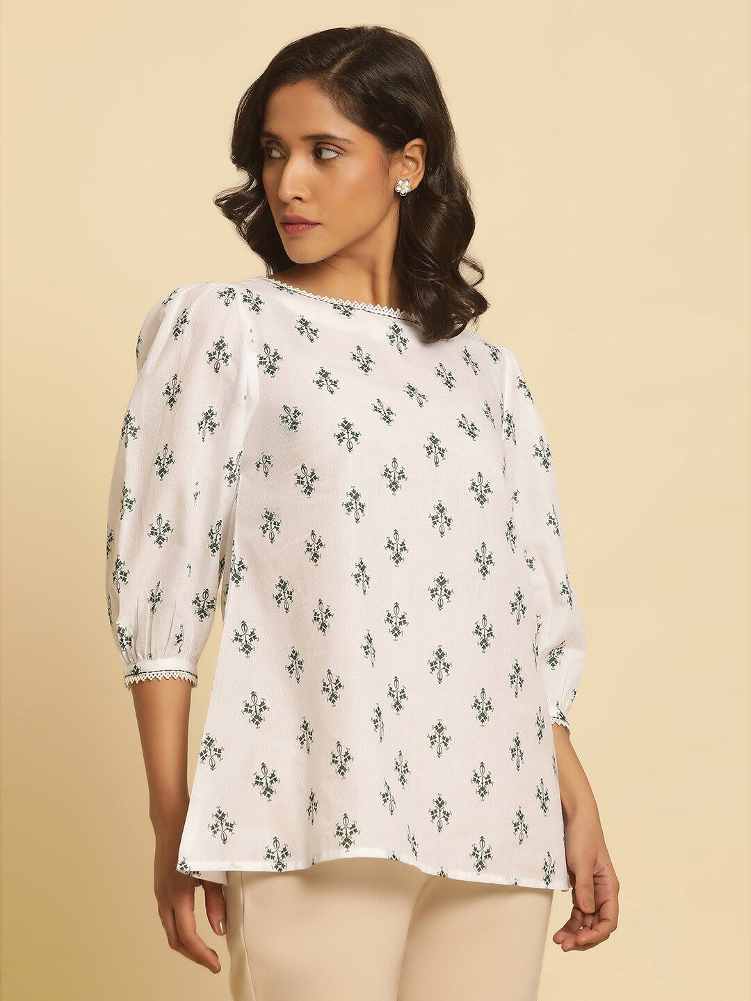 W Ethnic Motifs Printed Boat Neck Puff Sleeves Cotton Top
