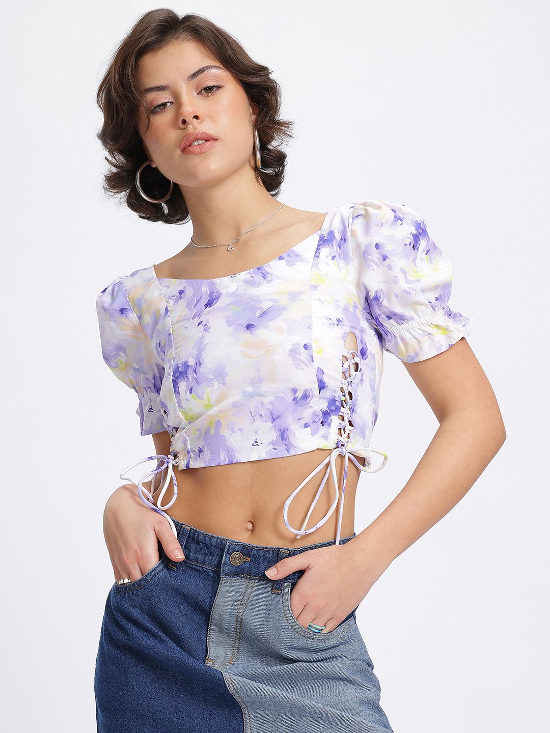 DressBerry Floral Lace Up Detail Crop Top