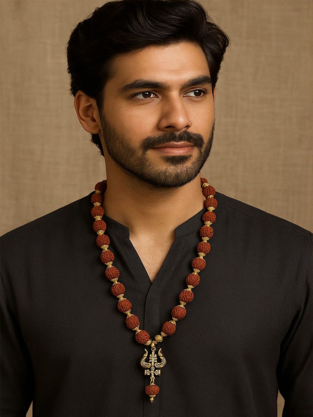 PANASH Men Gold-Plated Rudraksh Beaded Trishul Pendant Link Statement Necklace