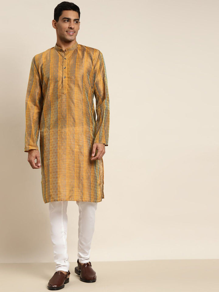 SOJANYA Lelaki Mustard Yellow & Brown Floral Thread Work Kurta