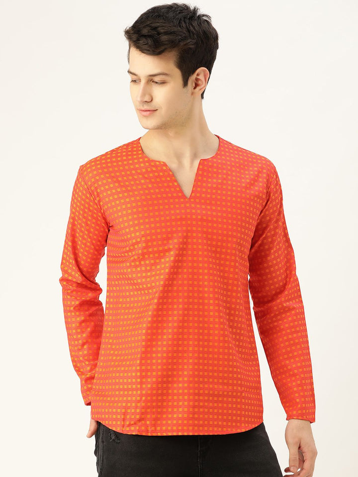 SOJANYA Men Orange Checked Straight Kurta