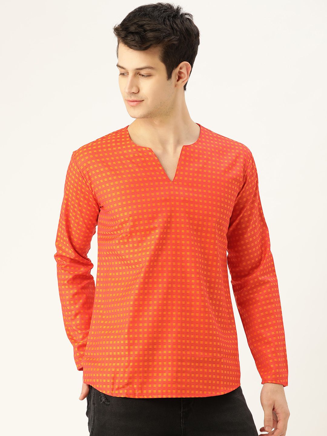 SOJANYA Men Orange Checked Straight Kurta