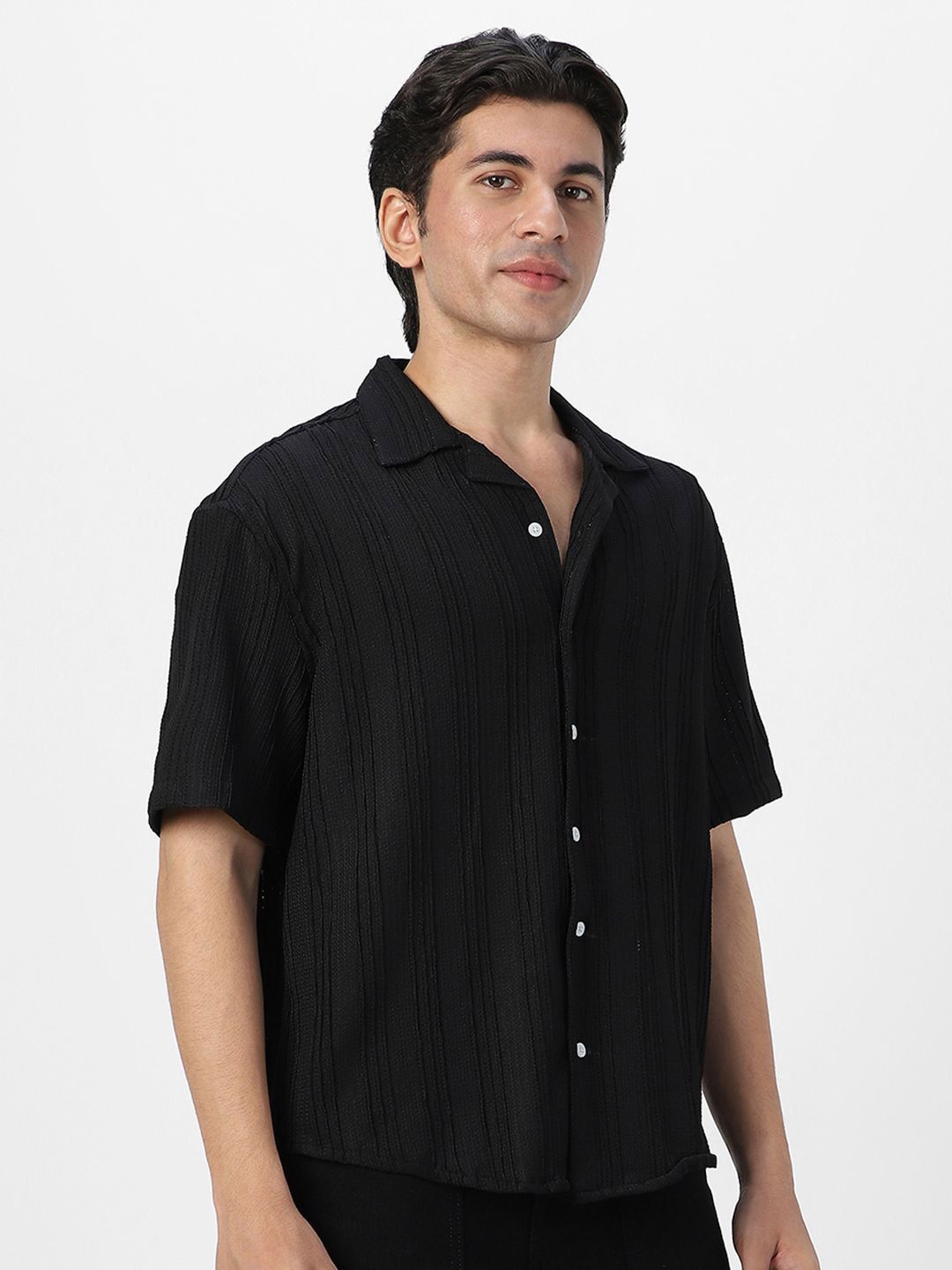 Urbano Fashion Men Cotton Cuban Collar Textured Oversized Casual Shirt