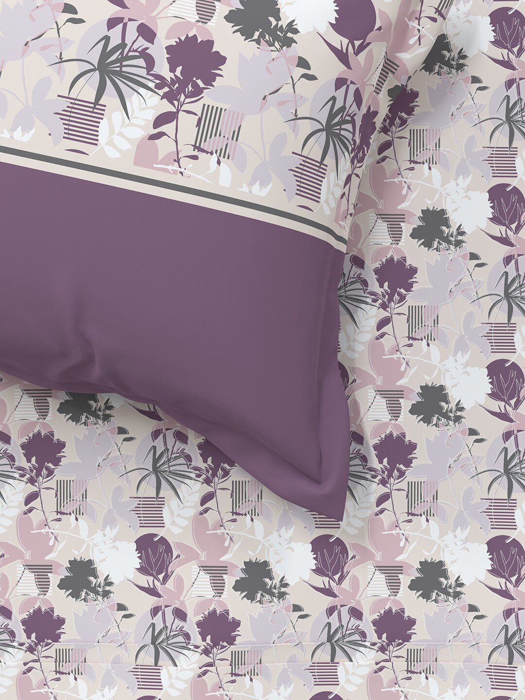 MYTRIDENT Mauve  White Floral Cotton 144 TC Queen Bedsheet With 2 Pillow Covers
