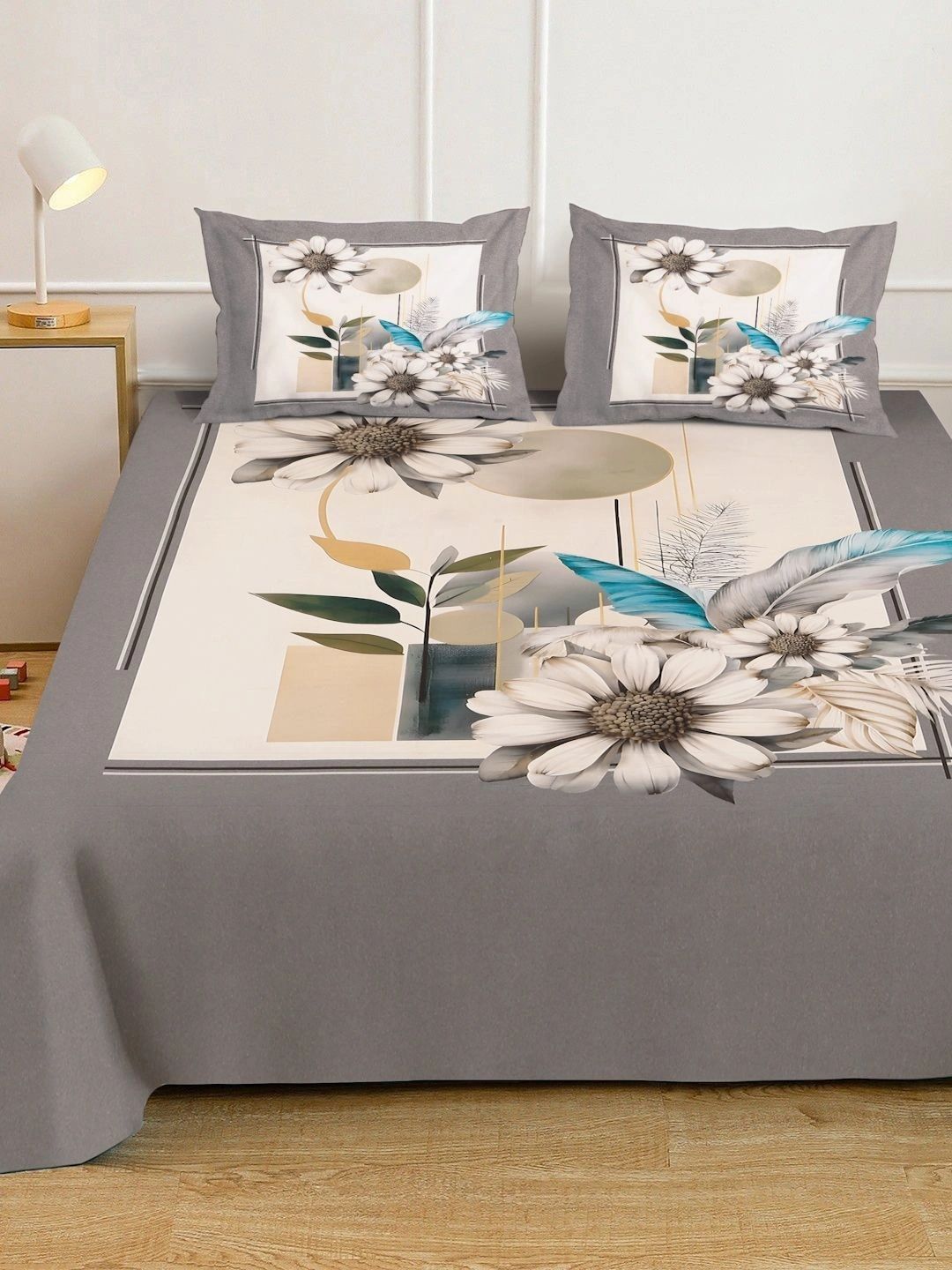 Moda Rapido X KLOTTHE Grey & Blue Floral 400 TC King Bedsheet with 2 Pillow Covers