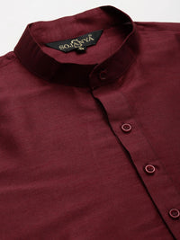 SOJANYA Men Maroon Thread Work Kurta with Churidar & Nehru Jacket