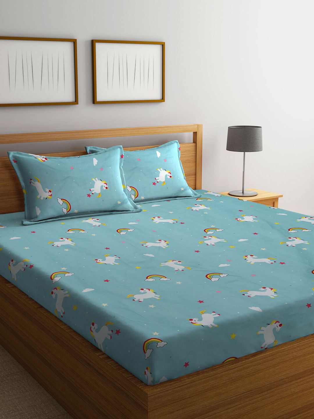 KLOTTHE Blue Conversational Polycotton 300 TC King Fine Bedsheet dengan 2 Sarung Bantal-98 x 87 inci