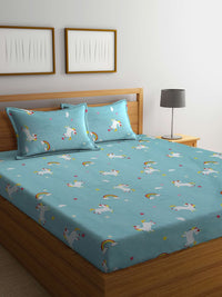 KLOTTHE Blue Conversational Polycotton 300 TC King Fine Bedsheet dengan 2 Sarung Bantal-98 x 87 inci