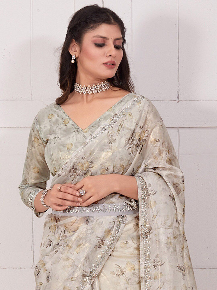 Saree mall Floral Printed Beads & Stones Organza Saree