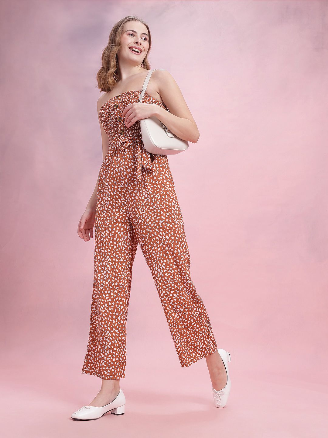 DressBerry Off-Shoulder Smocked Printed Belted Basic Jumpsuit