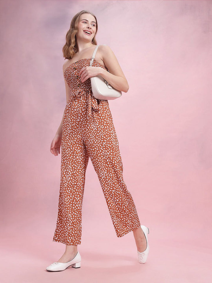 DressBerry Off-Shoulder Smocked Printed Belted Basic Jumpsuit