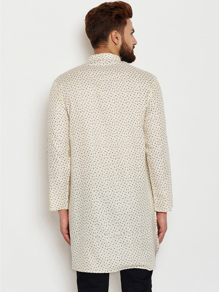 SOJANYA Lelaki Berwarna Krim & Navy Blue Printed Kurta Lurus