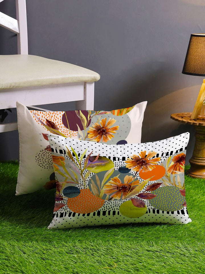 STITCHNEST Yellow & White Set of 2 Floral Rectangle Cushion Covers