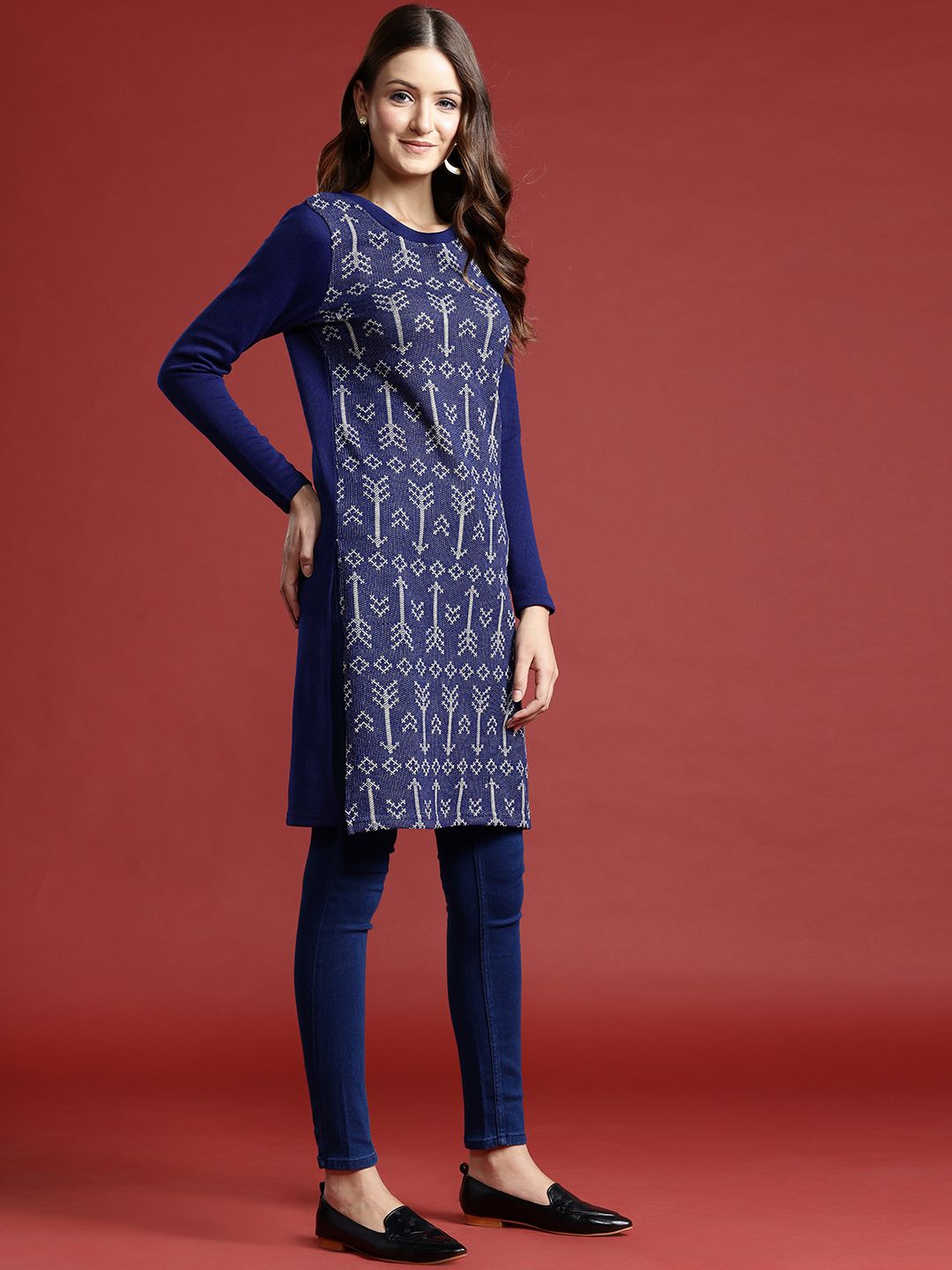 Anouk Geometric Woven Design Winter Kurta