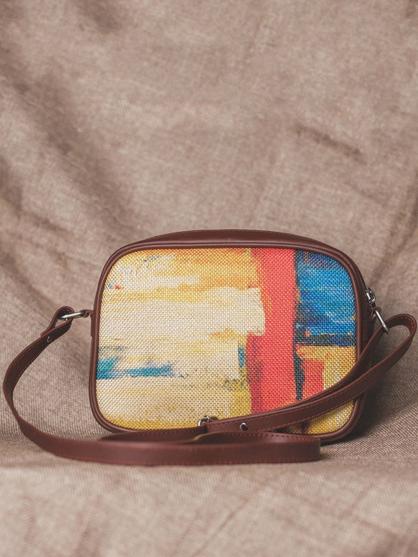 ZOUK Women Blue & Yellow Abstract Print Vegan Handcrafted Leather Sustainable Sling Bag