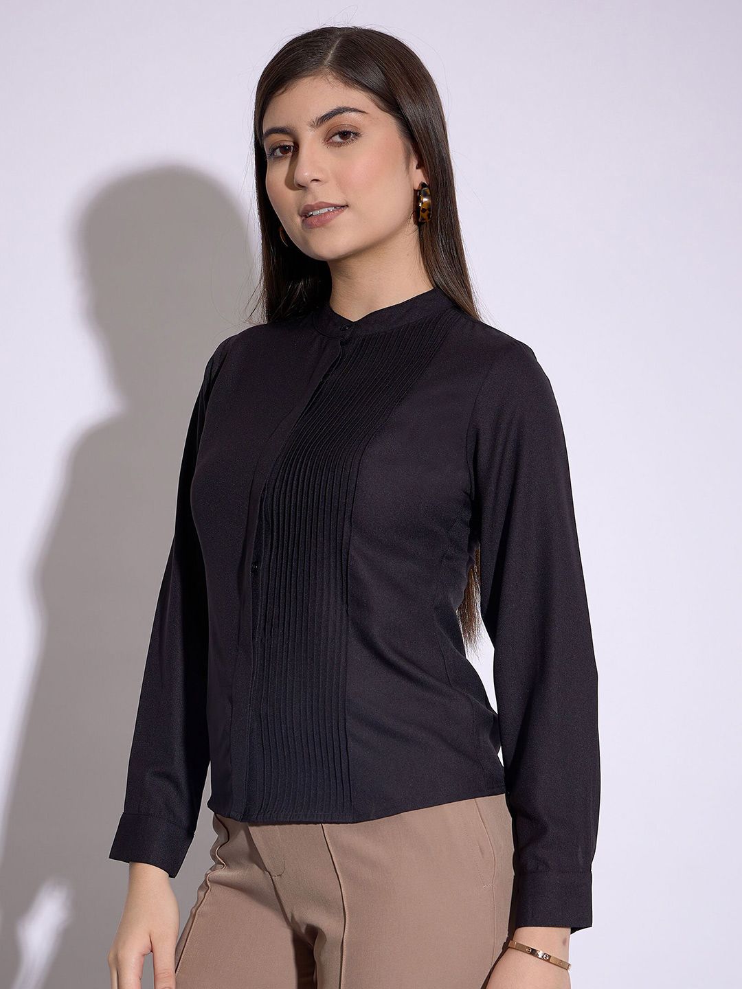 SASSAFRAS worklyf Mandarin Collar Cuffed Sleeves Pleated Shirt Style Top