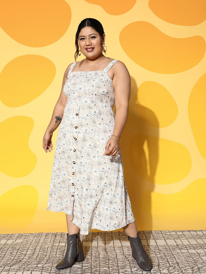 Berrylush Curve Beige & Black Floral Crepe A-line Midi Dress