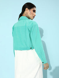 SASSAFRAS Women Green Corduroy Crop Trucker Jacket