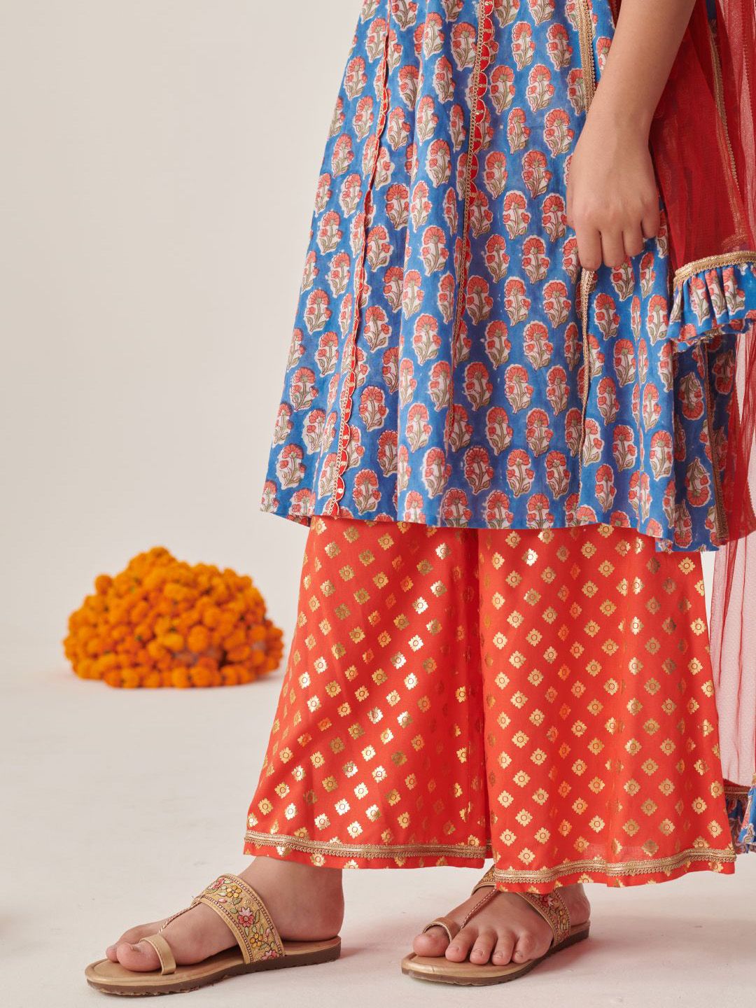 pspeaches Girls Floral Printed Empire Gotta Patti Kurta with Palazzos & With Dupatta