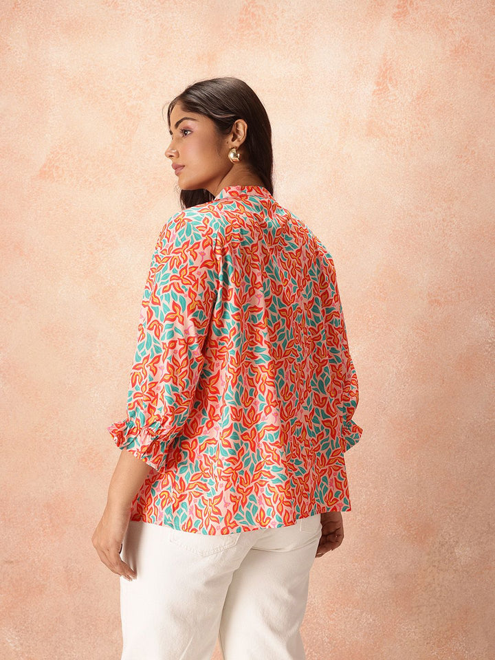 all about you Plus Size Floral Print Mandarin Collar Puff Sleeve Shirt Style Top