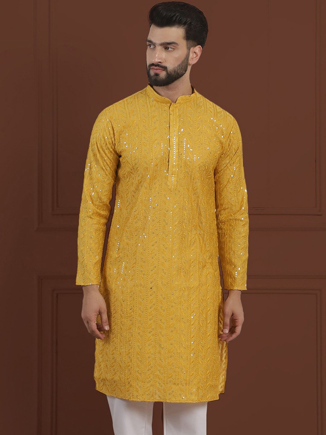 SOJANYA LUXE Sulam Bunga Labuci Mandarin Kolar Kapas Sutera Lurus Kurta