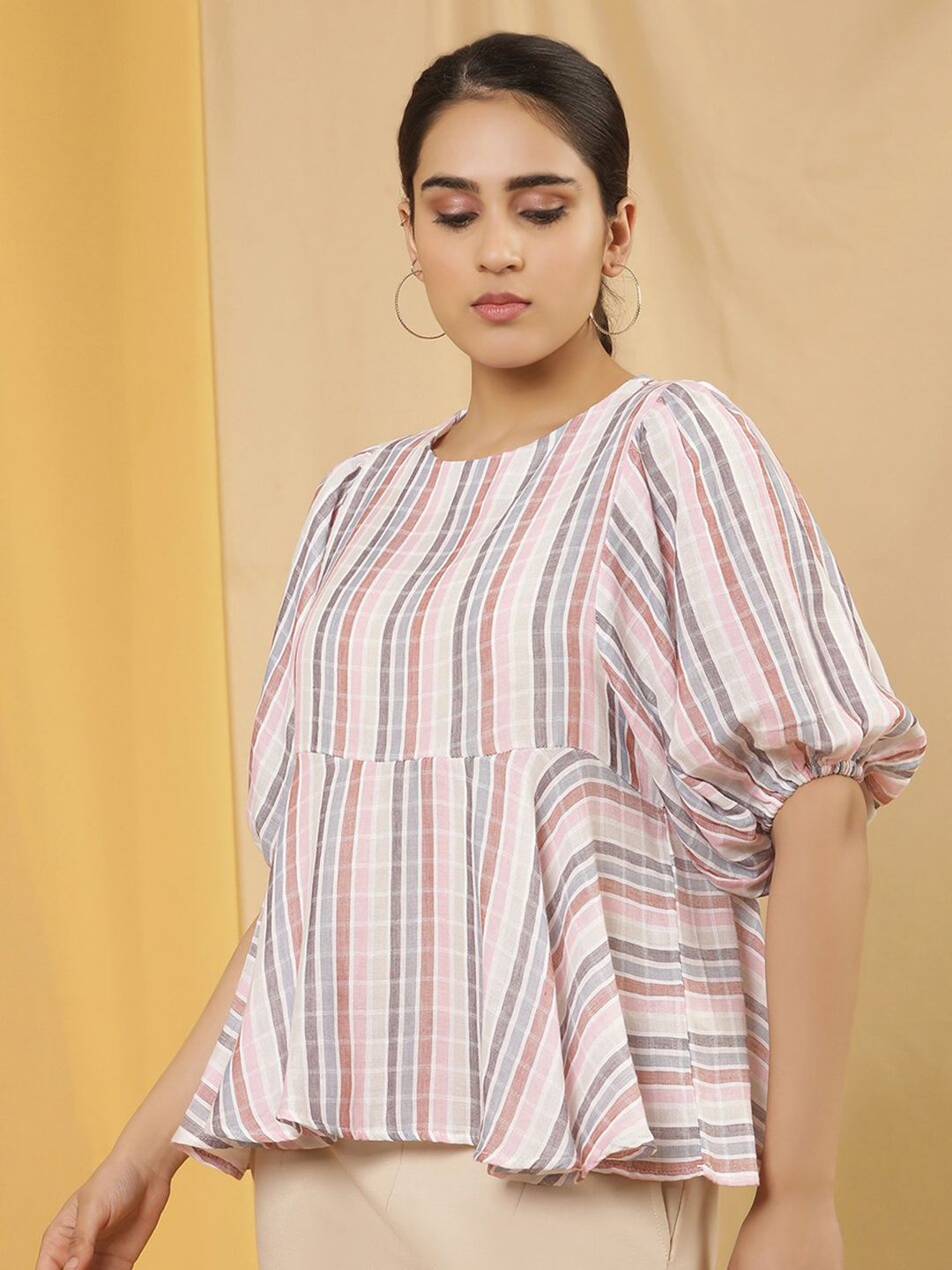 W Vertical Striped Puff Sleeves Cotton Peplum Top