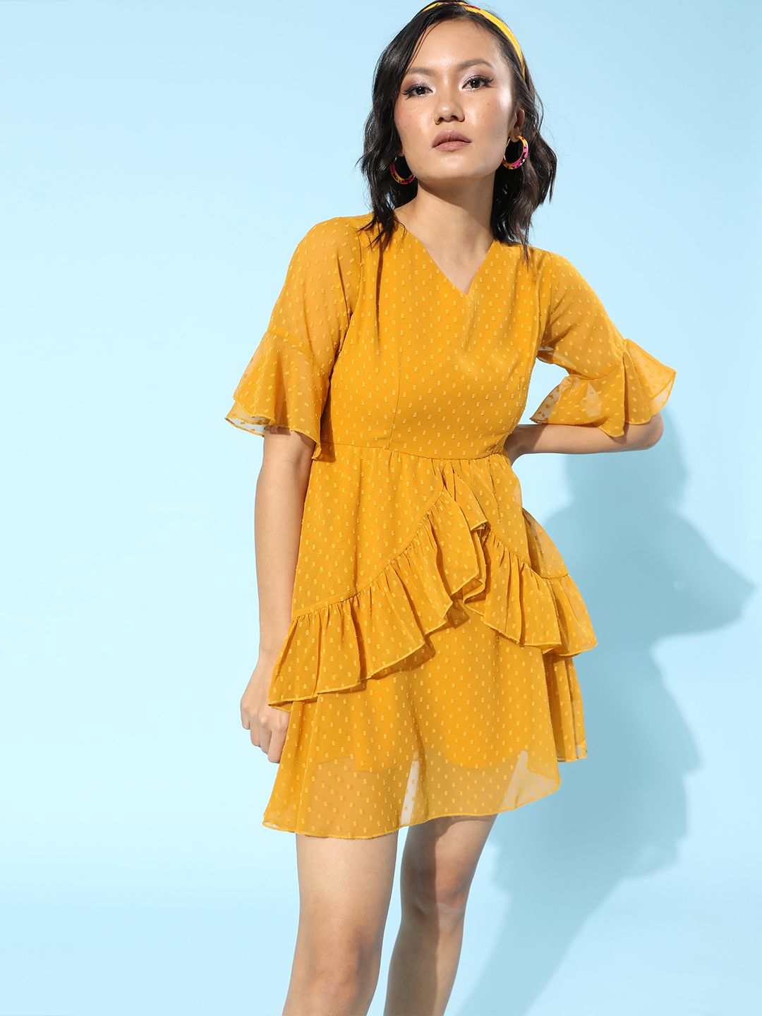 Berrylush Women Stylish Mustard Self-Design Feminine Frills Dress