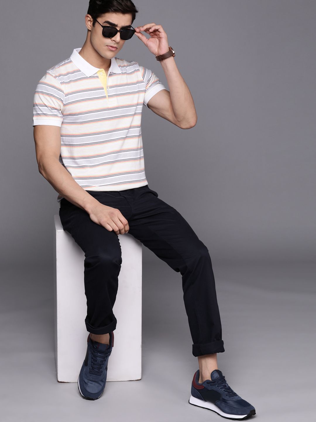 Raymond Men White & Yellow Striped Polo Collar Pure Cotton T-shirt
