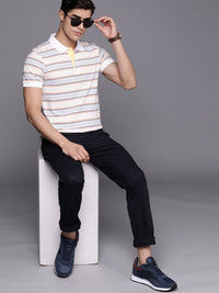 Raymond Men White & Yellow Striped Polo Collar Pure Cotton T-shirt