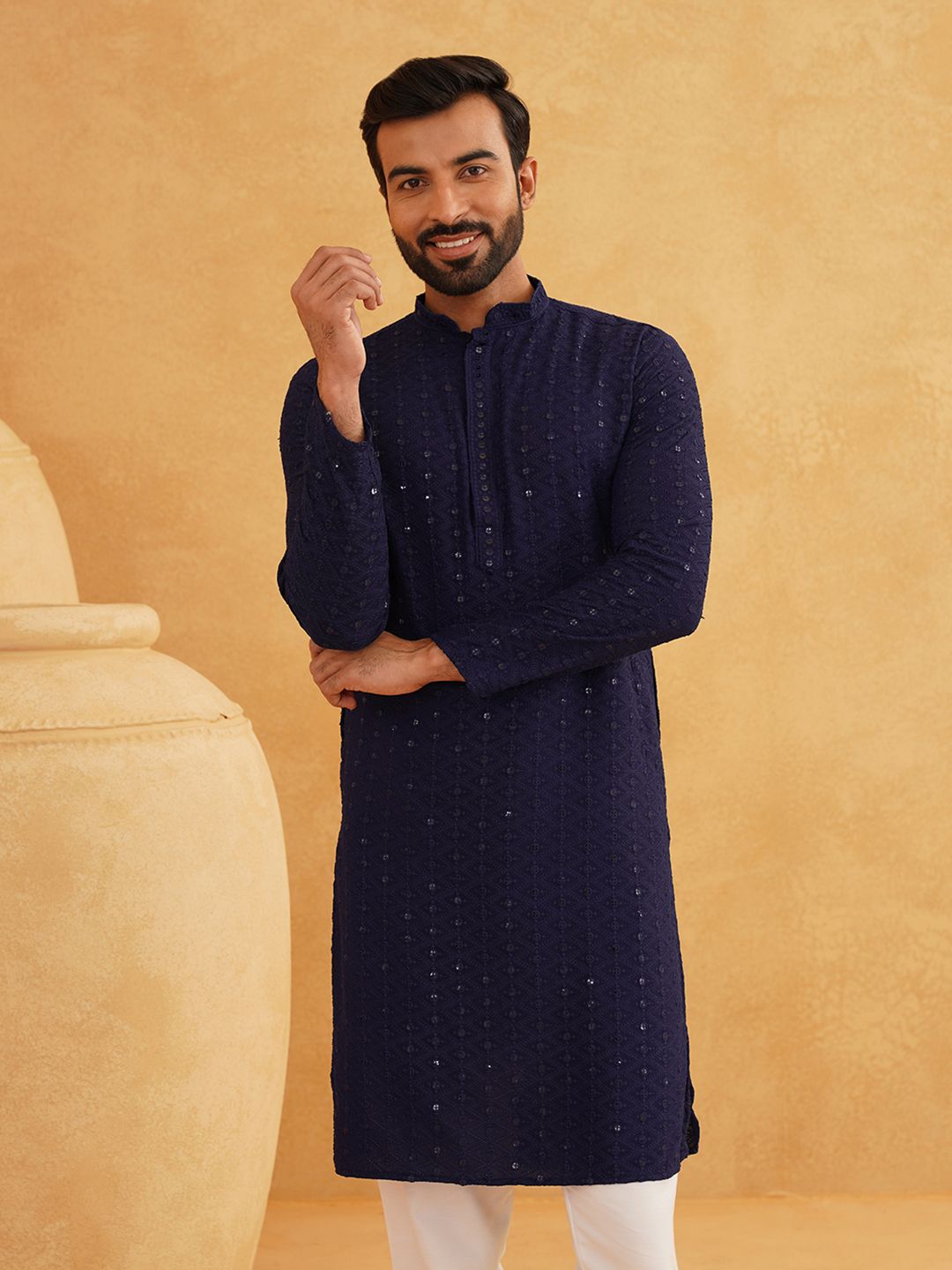 SOJANYA Embroidered Regular Sequinned Pure Cotton Kurta with Churidar
