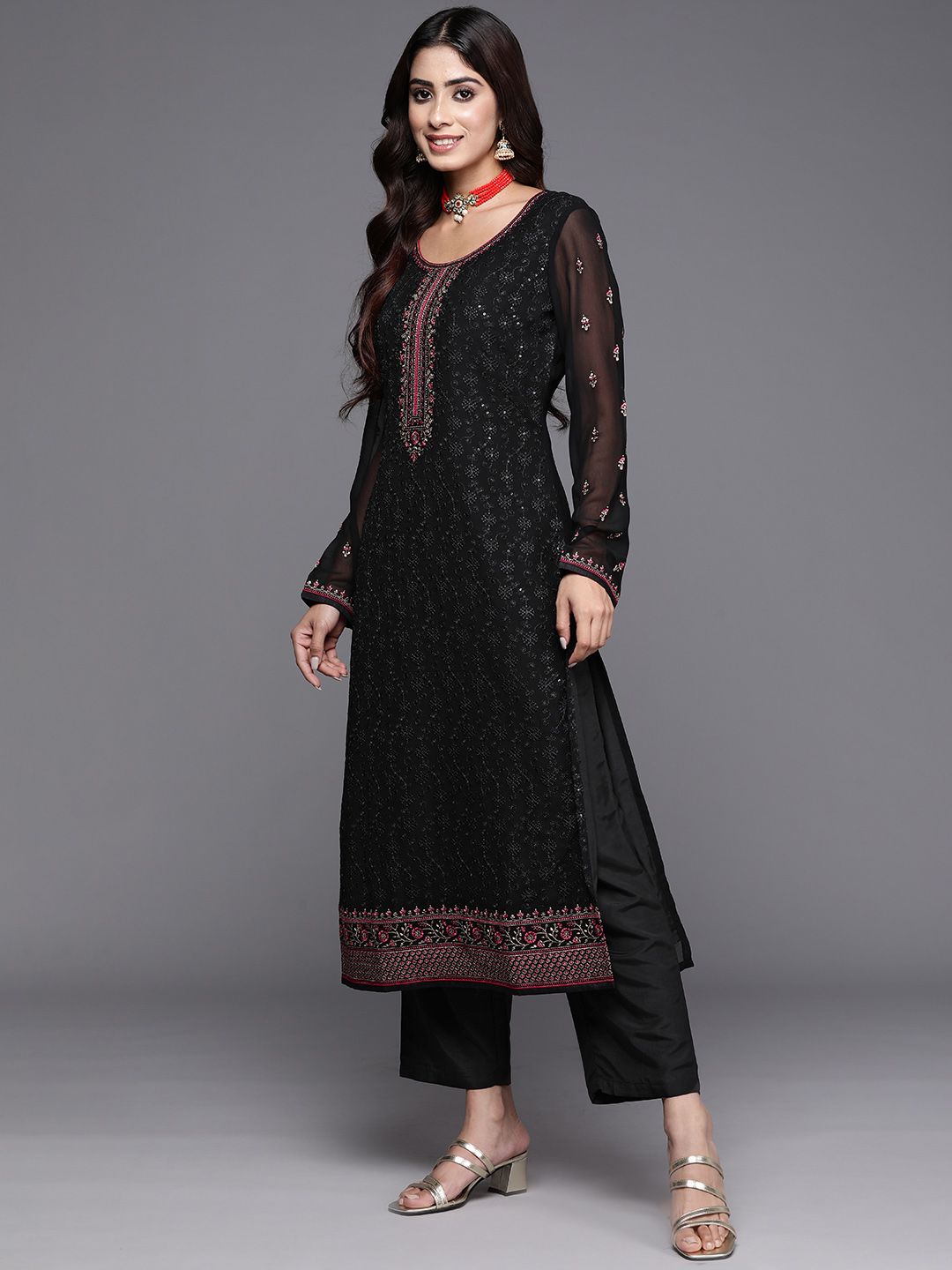 Libas Floral Embroidered Regular Thread Work Georgette Kurta with Trousers & Dupatta