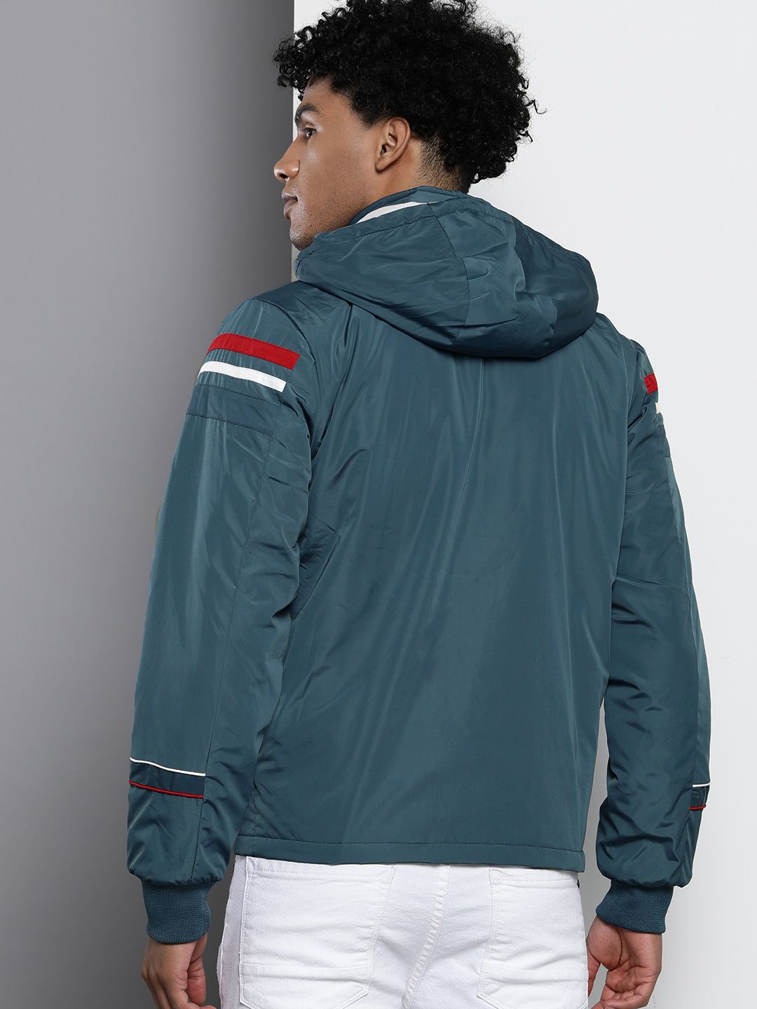 The Indian Garage Co Hooded Slim Fit Bomber Jacket with Zippered Insert Pockets