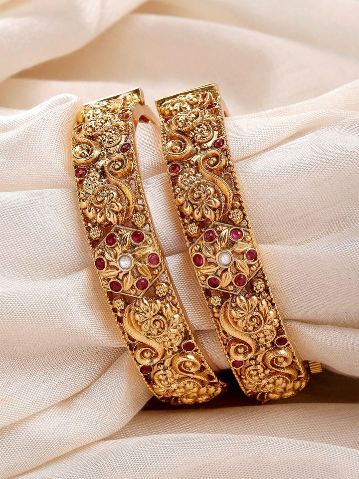 KARATCART Set Of 2 Gold-Plated & Red Stone-Studded Rajwadi Temple Bangles