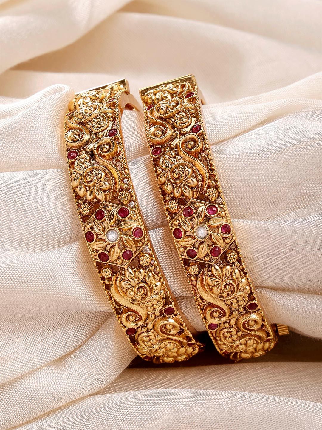 KARATCART Set Of 2 Gold-Plated & Red Stone-Studded Rajwadi Temple Bangles