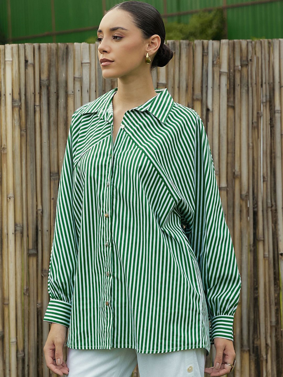 Pink Paprika by SASSAFRAS Women Vertical Striped Cotton Oversized Casual Shirt