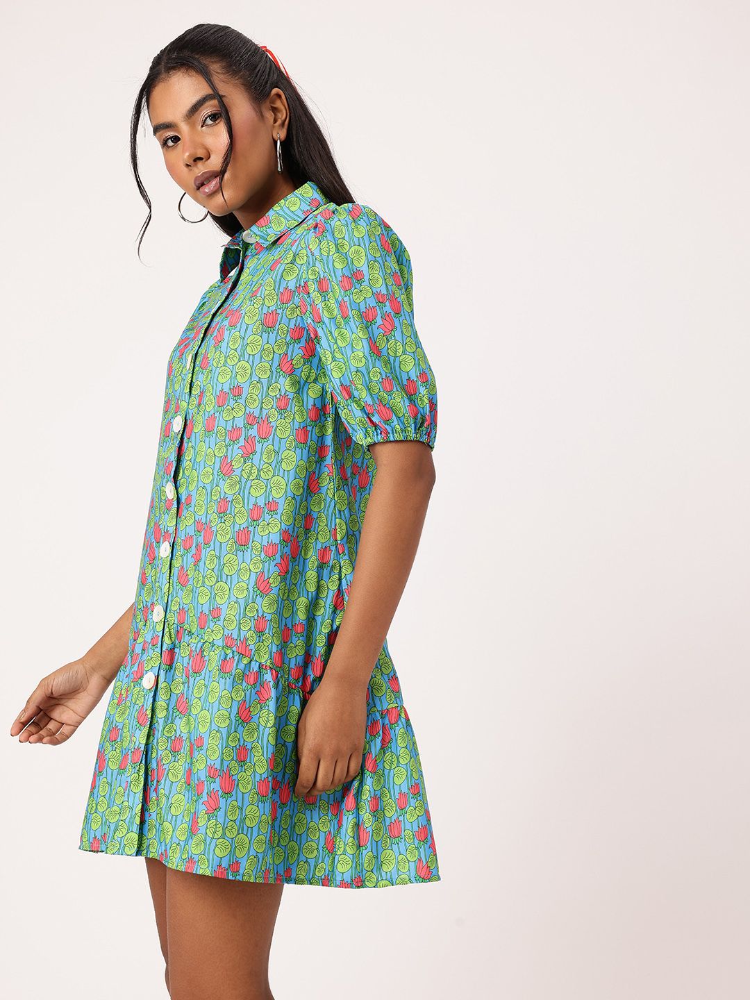 DressBerry Charming Floral Print Puffed Gathers Shirt Style Mini Dress