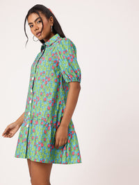 DressBerry Charming Floral Print Puffed Gathers Shirt Style Mini Dress