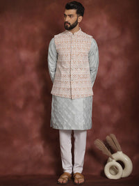 Motif Etnik Kelabu Anouk Bersulam Kurta Lurus Dengan Jaket Churidar & Nehru