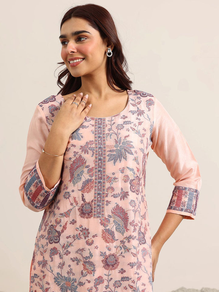 Libas Floral Woven Design Round Neck Regular Straight Kurta With Trousers & Dupatta