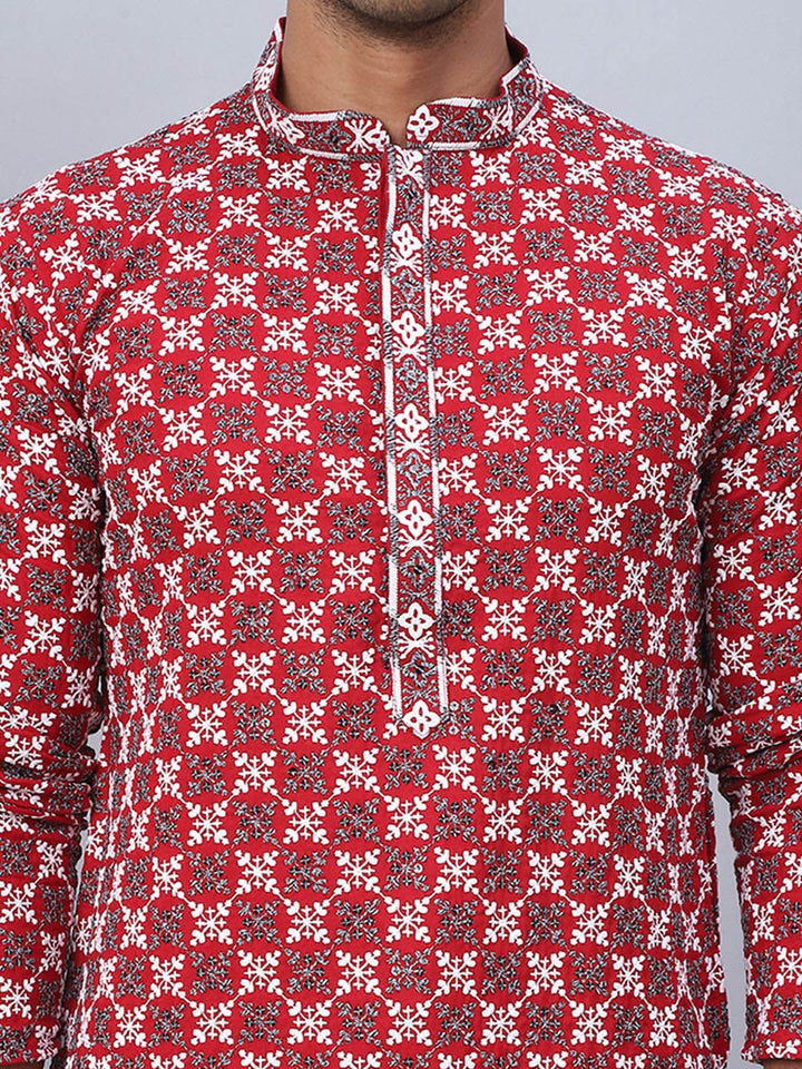 Jompers Floral Embroidered Thread Work Mandarin Collar Straight Kurta with Pyjamas
