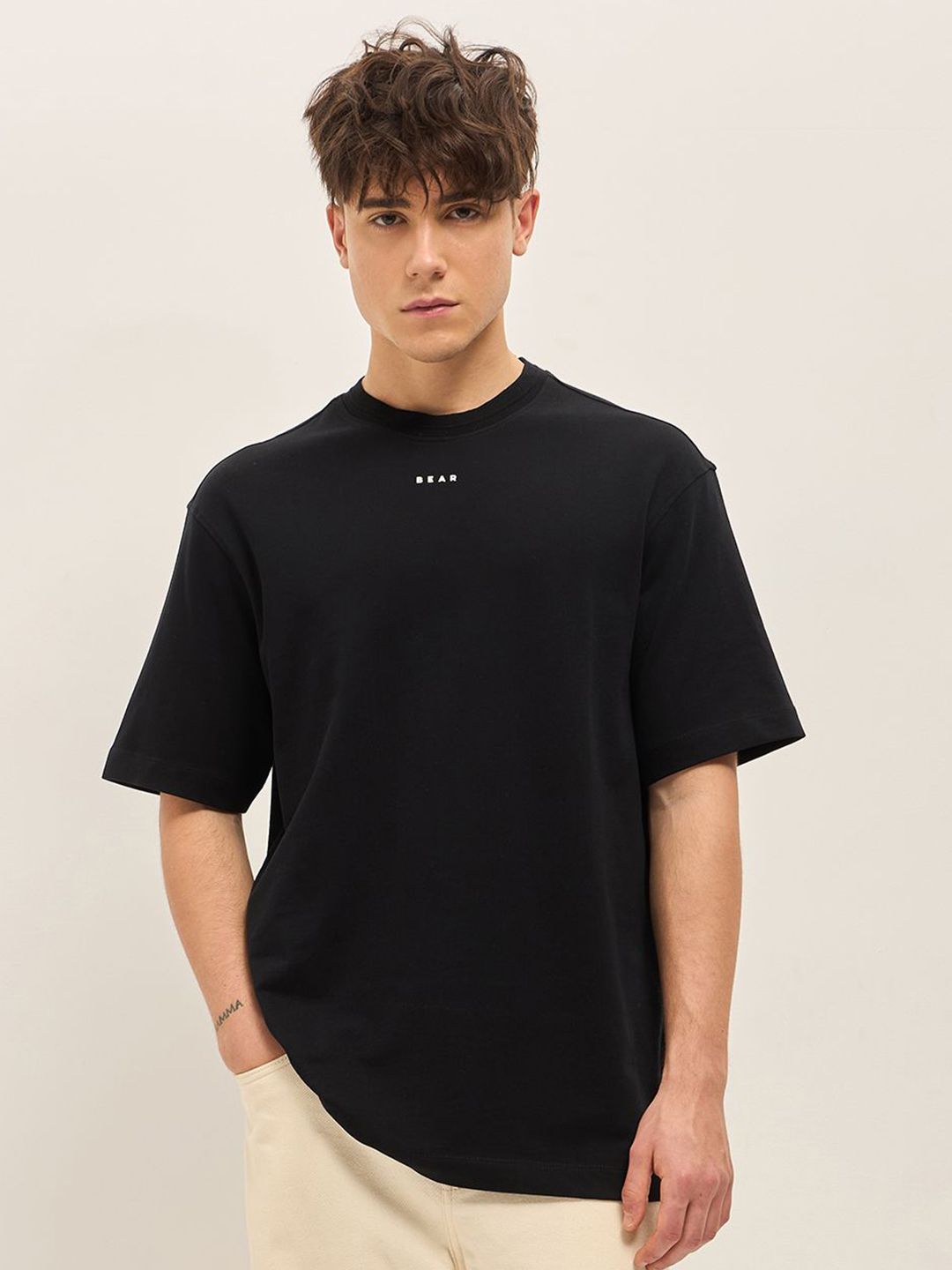 THE BEAR HOUSE Typography Printed Drop Shoulder Sleeves Cotton Oversized T-shirt