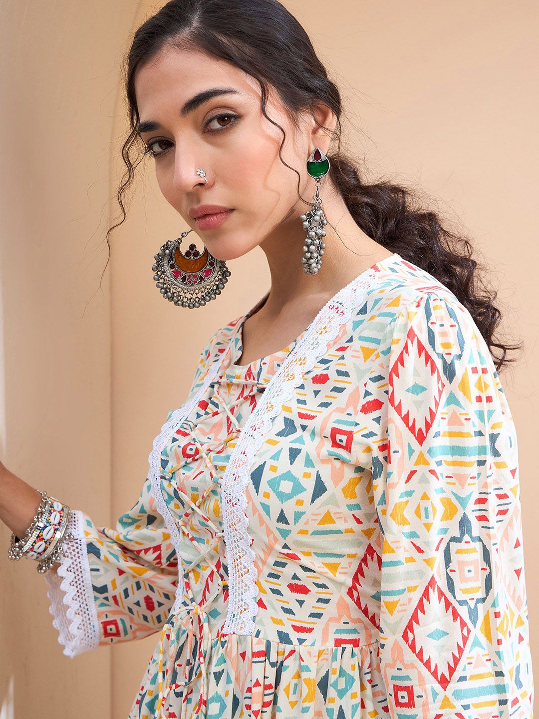 Shae by SASSAFRAS Geometric Printed Gotta Patti Gotta Patti Pleated Kurti