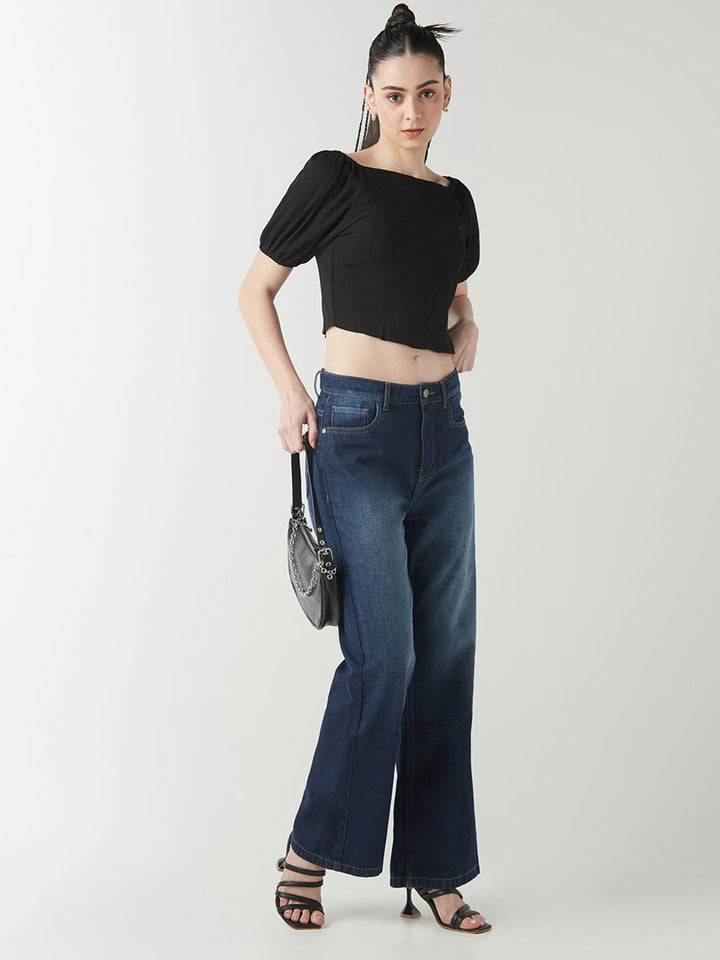 Bewakoof Women Square Neck Puff Sleeves Crop Top